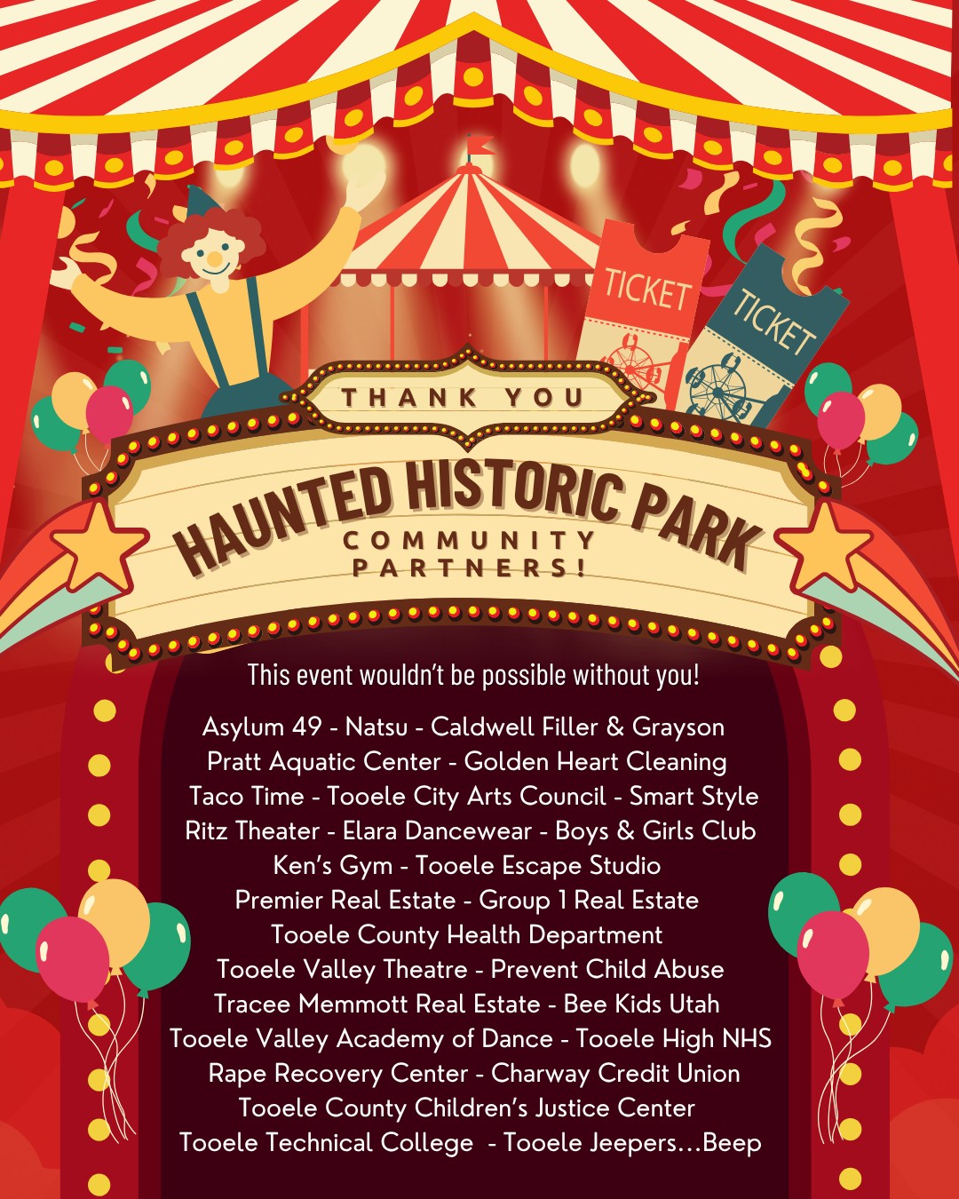 Red carnival themed list of sponsors for haunted historic park.